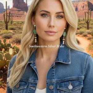 Southwestern Tribal Green Turquoise Sterling Silver Squash Blossom Earrings